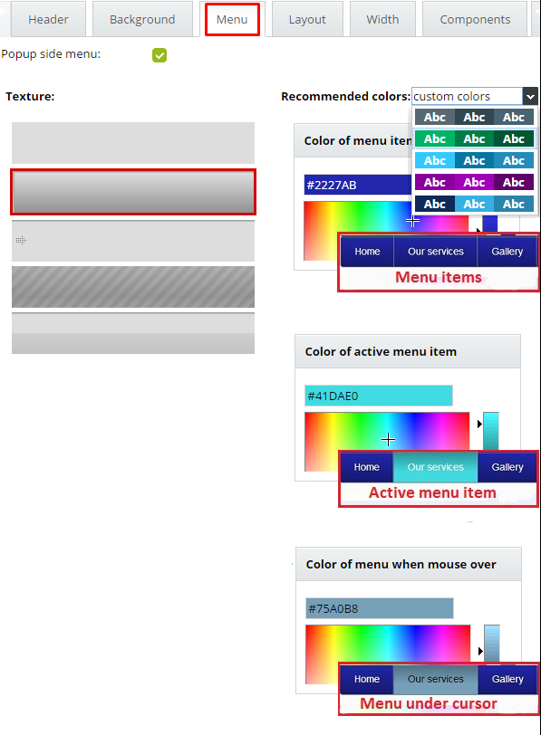 Color of menu and texture